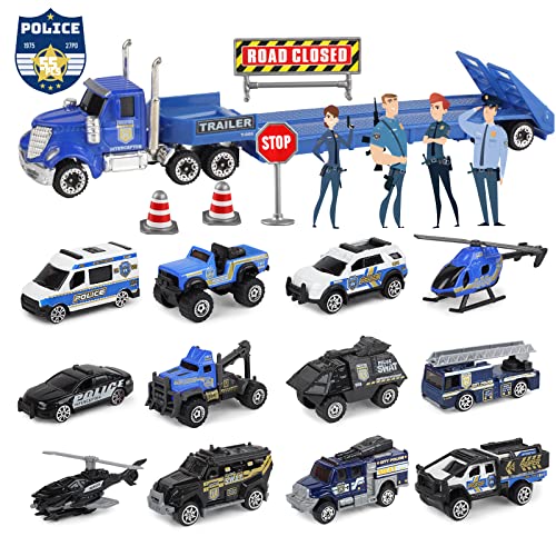 Oriate Diecast Police Rescue City S.W.A.T. Car Toys Set w/Heavy Duty Trailer Patrol, 13PCS Alloy Mini Police Vehicles Transport Trailer, Road Signs and Birthday Cake Topper Stickers for Kids - Image 1