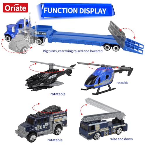 Oriate Diecast Police Rescue City S.W.A.T. Car Toys Set w/Heavy Duty Trailer Patrol, 13PCS Alloy Mini Police Vehicles Transport Trailer, Road Signs and Birthday Cake Topper Stickers for Kids - Image 5