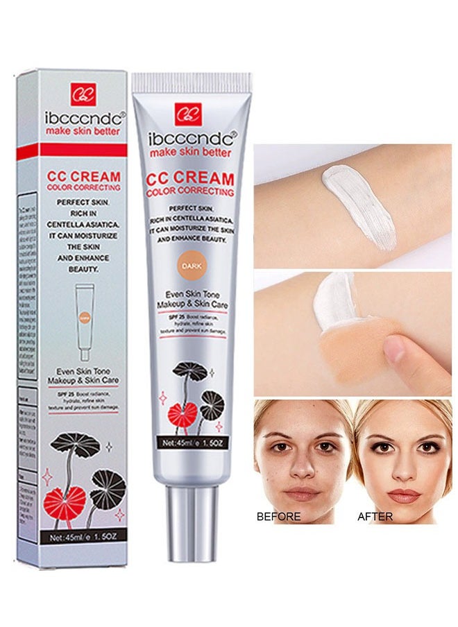 ibcccndc Color Correcting CC Cream 45ml, Hydrating CC Cream, Moisturizing Facial Concealer Sunscreen Full Coverage CC Cream with SPF 25, Dark  - Image 1
