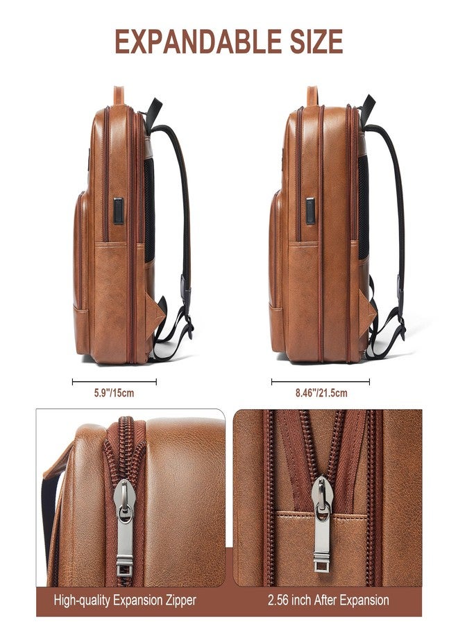 Shrrie Leather Laptop Backpack for Women and Men,28 L Travel Backpack Computer Bag Fits 16 inch Laptop,Expandable Casual Daypack with USB Port for Work Business Weekender College,Brown - Image 3