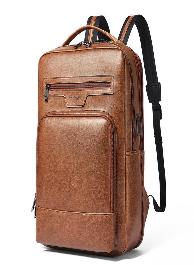 Shrrie Leather Laptop Backpack for Women and Men,28 L Travel Backpack Computer Bag Fits 16 inch Laptop,Expandable Casual Daypack with USB Port for Work Business Weekender College,Brown - Image 1