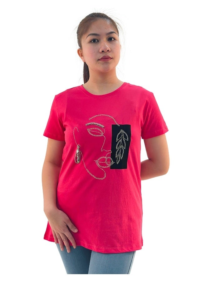 JOANNA JOANNA W203011 Women's Lady Face Print Round Neck Short Sleeve T-Shirt - Pink - Image 1