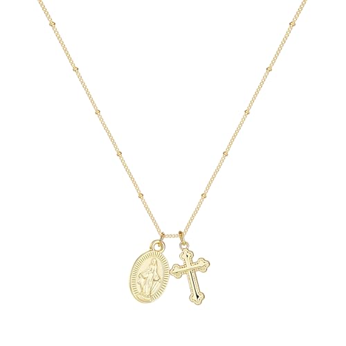 Rotnso Cross Necklace for Women 14K Gold Plated Dainty Small Cross Pendant Choker Simple Trendy Cute Virgin Mary Cross Charm Bead Chain Easter Basket Stuffers Baptism Religious Faith Jewelry Gift - Image 1