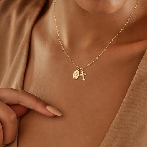 Rotnso Cross Necklace for Women 14K Gold Plated Dainty Small Cross Pendant Choker Simple Trendy Cute Virgin Mary Cross Charm Bead Chain Easter Basket Stuffers Baptism Religious Faith Jewelry Gift - Image 2