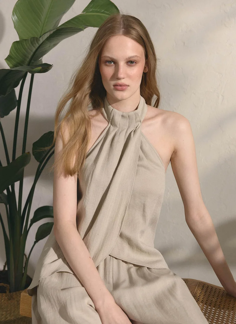 Lichi  Draped textured top with halter neck for Women | Best Price UAE
