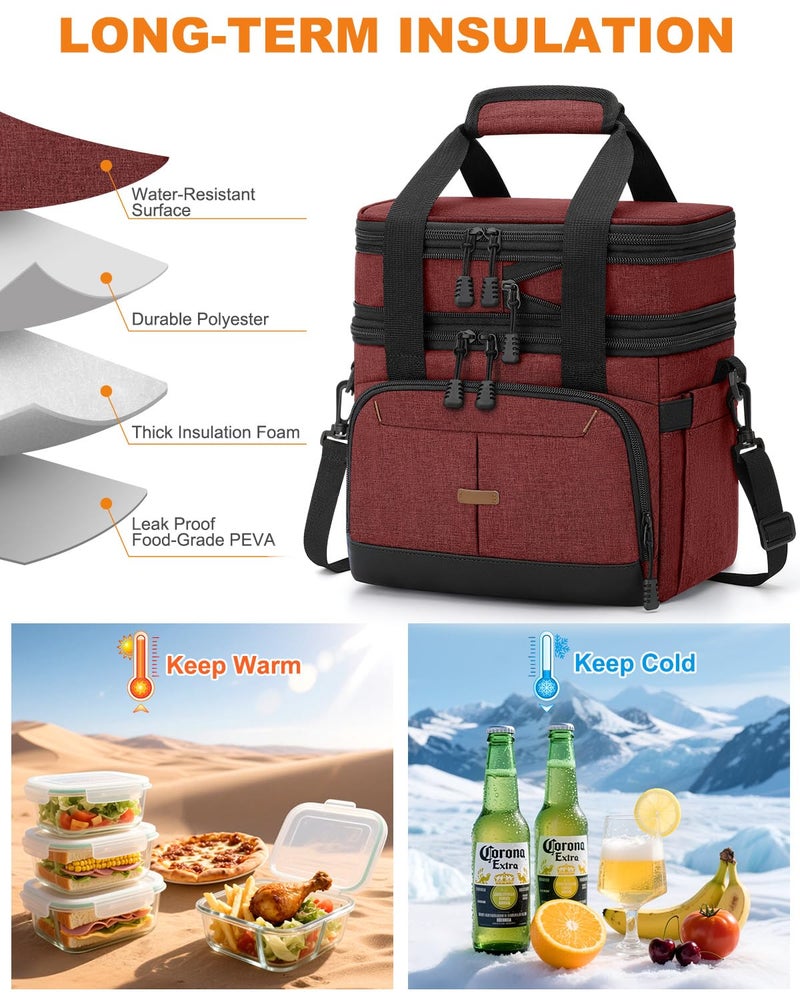 Pritent Lunch Box For Men Women Double Deck Insulated Lunch Bag For Men Woman Leakproof Expandable Cooler Bag with Adjustable Shoulder Strap for Work Shool Picnic(Wine Red,Medium) - Image 4