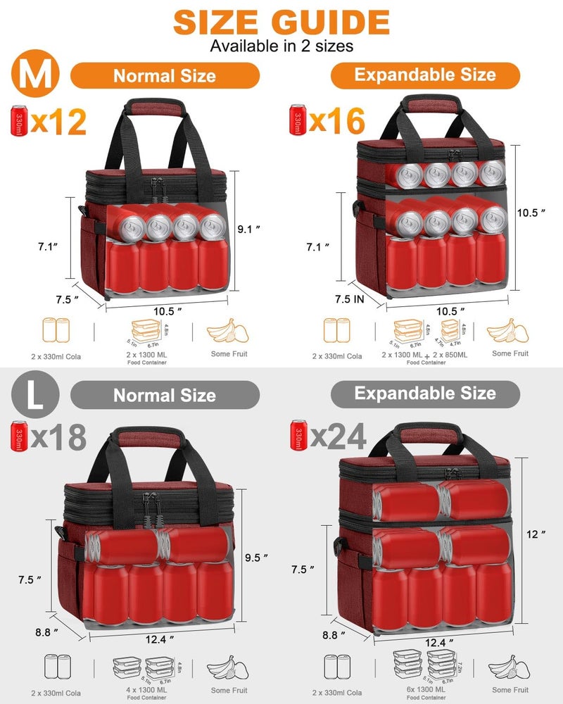 Pritent Lunch Box For Men Women Double Deck Insulated Lunch Bag For Men Woman Leakproof Expandable Cooler Bag with Adjustable Shoulder Strap for Work Shool Picnic(Wine Red,Medium) - Image 3