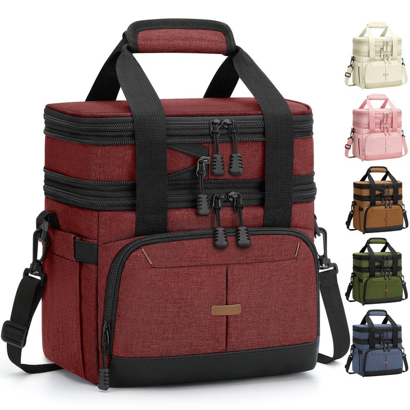 Pritent Lunch Box For Men Women Double Deck Insulated Lunch Bag For Men Woman Leakproof Expandable Cooler Bag with Adjustable Shoulder Strap for Work Shool Picnic(Wine Red,Medium) - Image 1