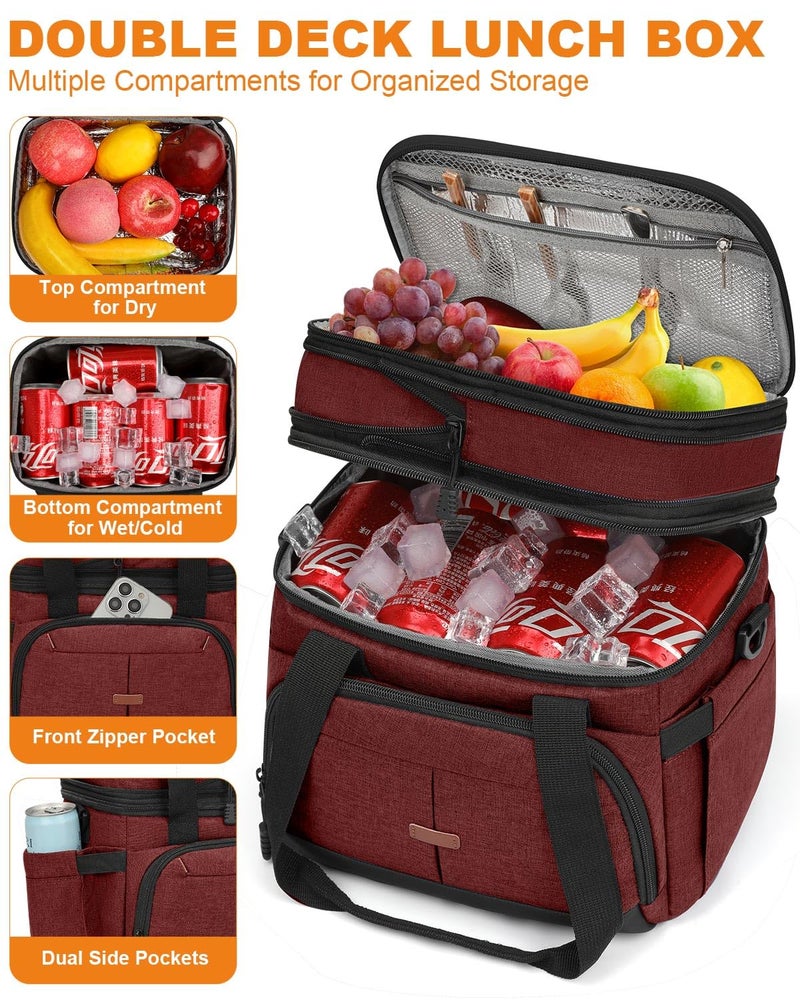Pritent Lunch Box For Men Women Double Deck Insulated Lunch Bag For Men Woman Leakproof Expandable Cooler Bag with Adjustable Shoulder Strap for Work Shool Picnic(Wine Red,Medium) - Image 5