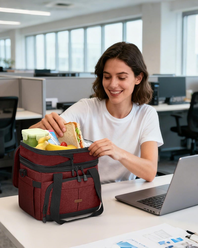 Pritent Lunch Box For Men Women Double Deck Insulated Lunch Bag For Men Woman Leakproof Expandable Cooler Bag with Adjustable Shoulder Strap for Work Shool Picnic(Wine Red,Medium) - Image 2