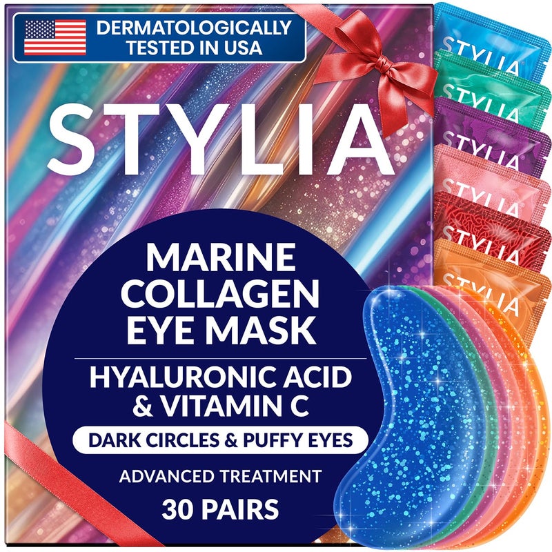 Stylia Collagen & Vitamin C Under Eye Patches for Puffy Eyes & Dark Circles - Depuffing, Hydrating & Firming Under Eye Mask with Hyaluronic Acid - Stocking Stuffers for Teen Girls, Vegan (30 Pairs) - Image 1