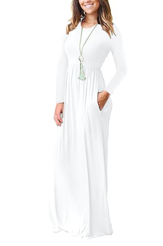 AUSELILY Women's Long Sleeve Dress Loose Plain Long Casual Maxi Dresses with Pockets 2025 New White2 XL - Image 2