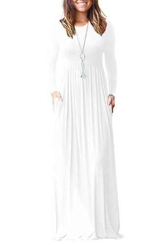 AUSELILY Women's Long Sleeve Dress Loose Plain Long Casual Maxi Dresses with Pockets 2025 New White2 XL - Image 5