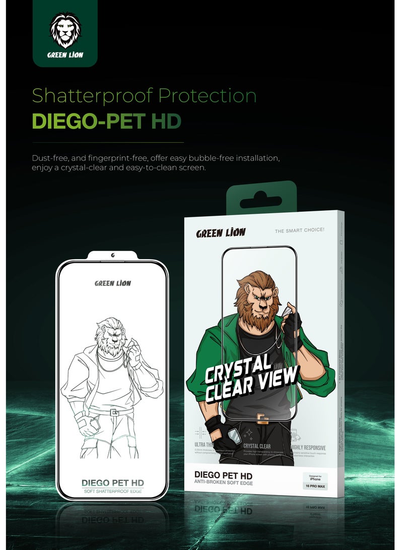 جرين ليون واقي شاشة iPhone 16 Pro Max Diego Pet HD / خالٍ من الفقاعات / عالي الاستجابة / شفاف كريستالي / مضاد لبصمات الأصابع / مقاومة الشحوم / مضاد للخدش - شفاف - Image 3