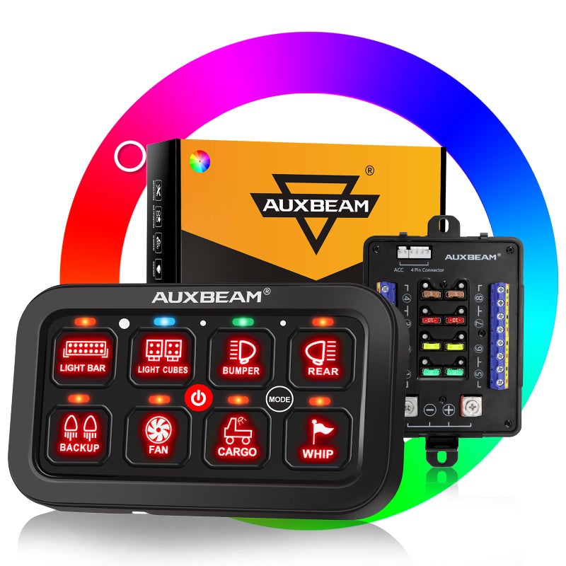 لوحة مفاتيح أوكسبيم RB80 RGB 8 مفاتيح لوحة مفاتيح متعددة الوظائف مع مفتاح مؤقت من الألمنيوم للسيارات والشاحنات والقوارب RV مقاومة للماء ضمان لمدة عامين