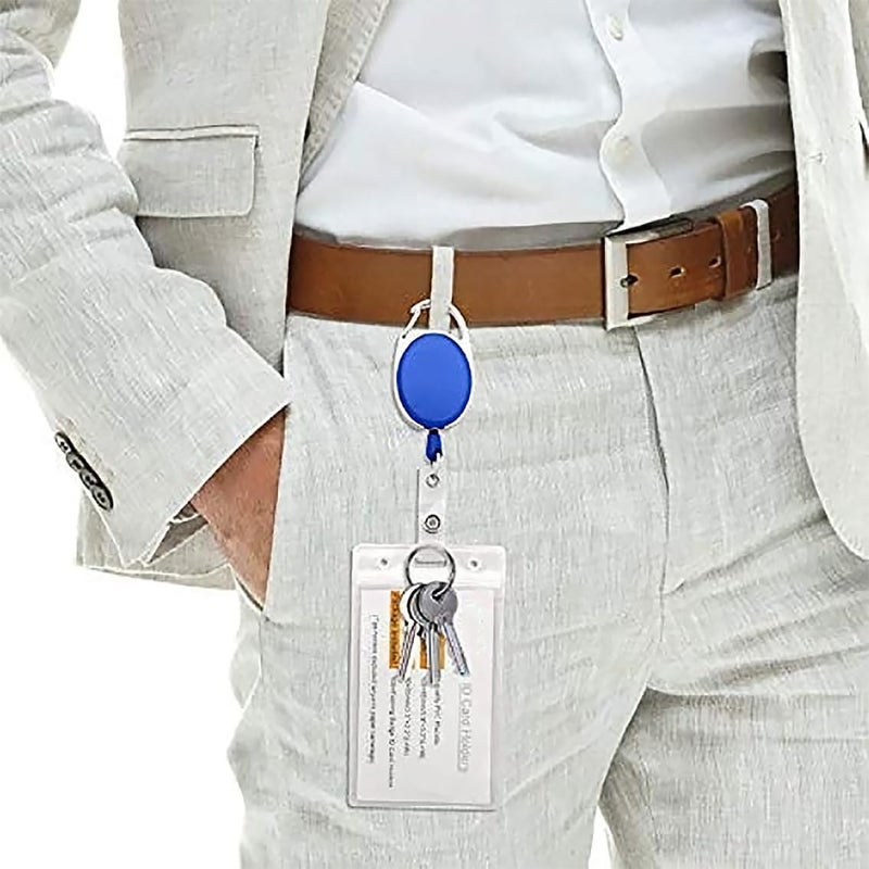 GLUN® Oval Round ID Card Holder – 2 Pack Badge Reel Clip On Retractable Holders (Blue) Moisture proof - Image 2