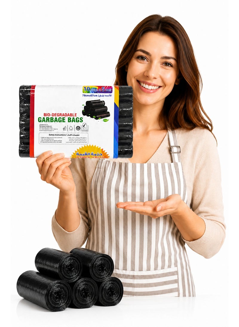 Heavy Duty Garbage Bags, 5 Rolls (50 Bags), 78 × 67cm Black Trash Bags, Strong Tear-Resistant Bin Liners for Kitchen, Office, Home & Outdoor Waste Disposal - Image 1