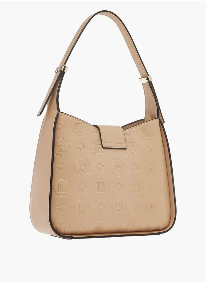 ELLE Womens Monogram Embossed Shoulder Bag With Button Closure And Adjustable Strap