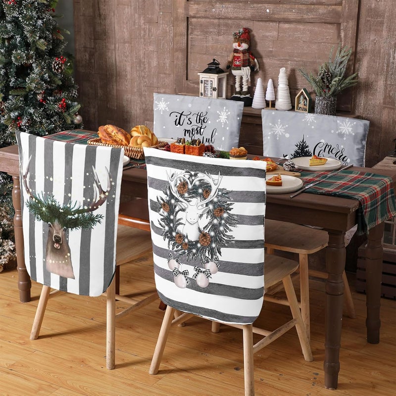 FuWeave 6 Pcs Christmas Chair Covers Christmas Chair Back Covers Xmas Chair Protector Slipcovers Washable Winter Dining Room Seat Covers for Home Hotel Kitchen Decorations (Black and White Checker) - Image 2
