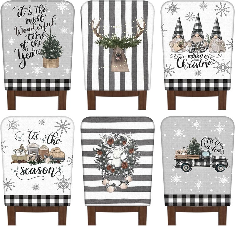 FuWeave 6 Pcs Christmas Chair Covers Christmas Chair Back Covers Xmas Chair Protector Slipcovers Washable Winter Dining Room Seat Covers for Home Hotel Kitchen Decorations (Black and White Checker) - Image 1