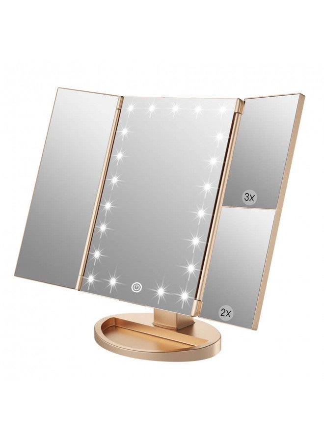 WEILY WEILY Makeup Mirror with 21 LED Lights,Two Power Supply, Touch Screen and 1x/2x/3x Magnification Tri-Fold Tabletop Mount Vanity Mirror, Gift for Women(Gold) - Image 1