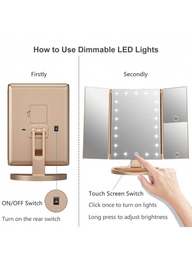 WEILY WEILY Makeup Mirror with 21 LED Lights,Two Power Supply, Touch Screen and 1x/2x/3x Magnification Tri-Fold Tabletop Mount Vanity Mirror, Gift for Women(Gold) - Image 5