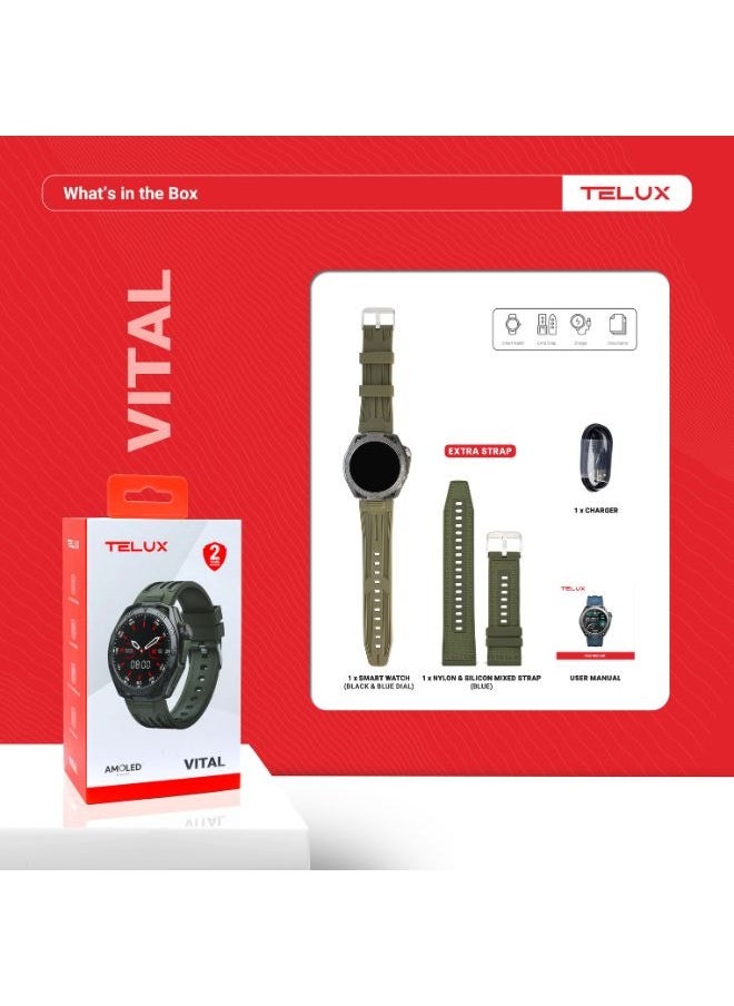 TELUX VITAL Smart Calling Watch with 1.43” AMOLED Display & AI Voice Assistant, Heart Rate & BP Monitoring, Sleep Tracking, 100+ Modes, IP68 Waterproof, 10-Day Battery, Android & iOS Ap (Green)