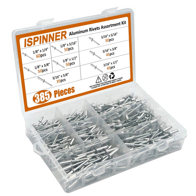 ISPINNER 385 قطعة 8 أحجام مسامير ألومنيوم عمياء، مجموعة مسامير بوب (فضي) - Image 3