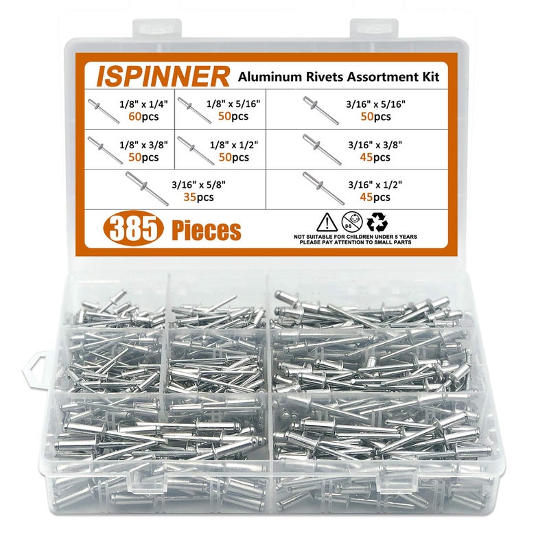 ISPINNER 385 قطعة 8 أحجام مسامير ألومنيوم عمياء، مجموعة مسامير بوب (فضي) - Image 1