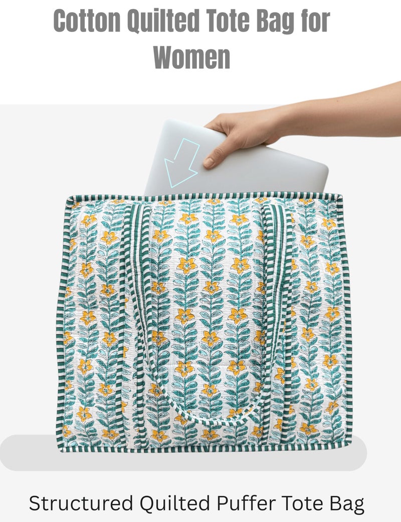 Third Eye Export 100% Cotton Quilted Tote Bag 18x16â€“ Large Zipper Beach Bag & Travel Bag Green Purse Reusable Grocery Bags (Sea Garden French Porcelain Leaf Print) - Image 5