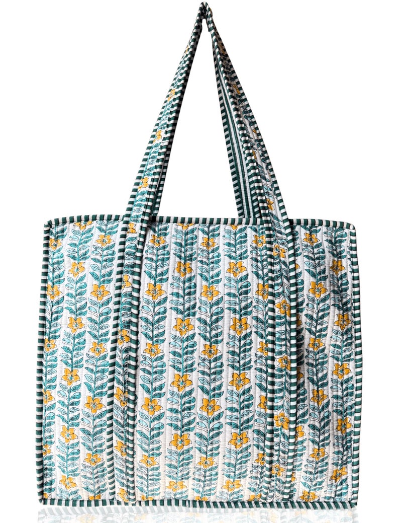 Third Eye Export 100% Cotton Quilted Tote Bag 18x16â€“ Large Zipper Beach Bag & Travel Bag Green Purse Reusable Grocery Bags (Sea Garden French Porcelain Leaf Print) - Image 1