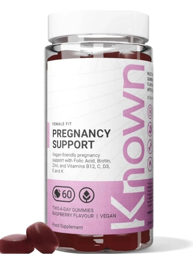 Known Pregnancy Support Gummies – 400 mcg Folic Acid, Raspberry Flavour, Vegan Prenatal Multivitamin with D3, K, C, E, B12, Biotin & Zinc – 1 Month Supply - Image 1