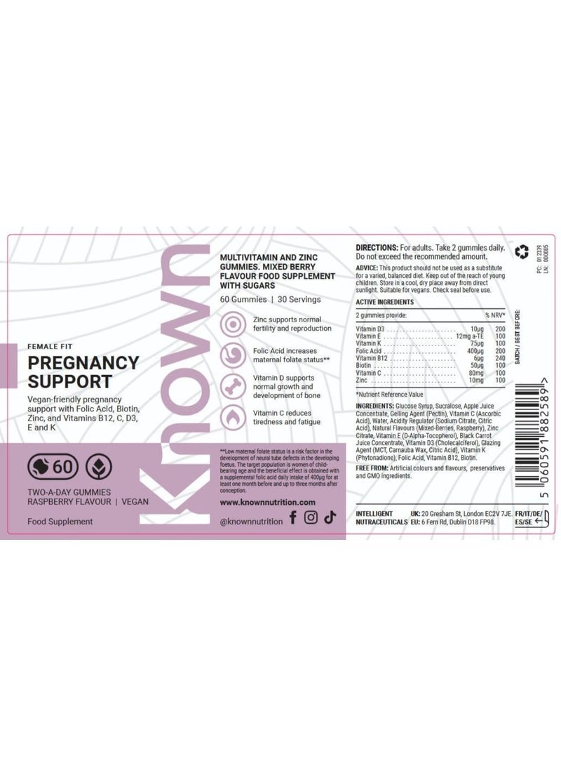 Known Pregnancy Support Gummies – 400 mcg Folic Acid, Raspberry Flavour, Vegan Prenatal Multivitamin with D3, K, C, E, B12, Biotin & Zinc – 1 Month Supply - Image 2