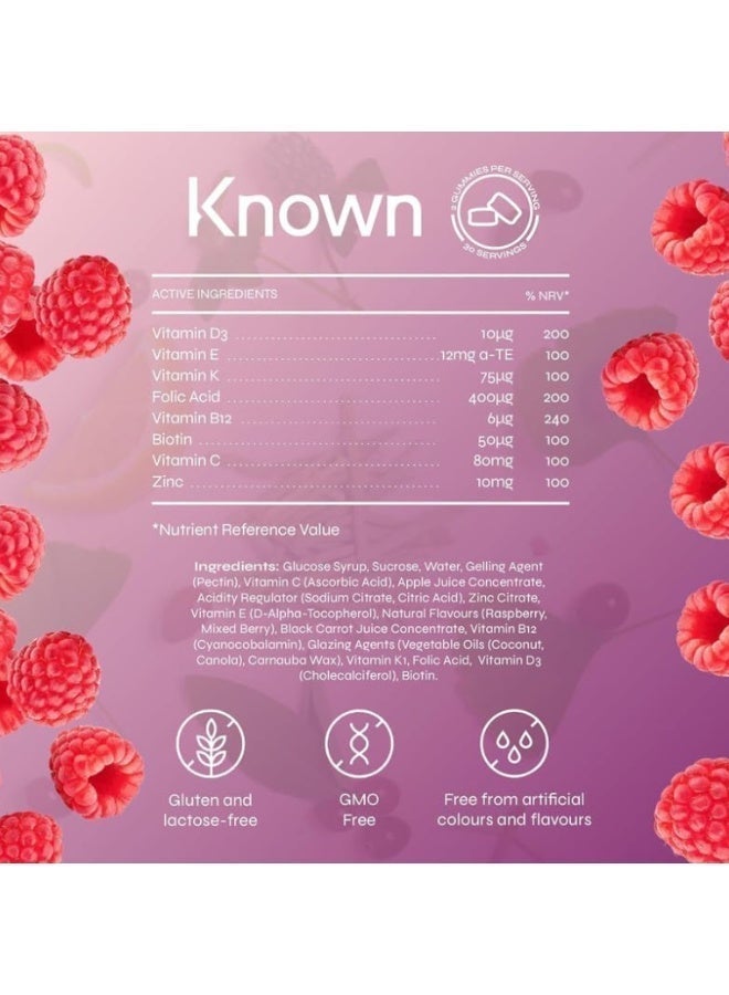 Known Pregnancy Support Gummies – 400 mcg Folic Acid, Raspberry Flavour, Vegan Prenatal Multivitamin with D3, K, C, E, B12, Biotin & Zinc – 1 Month Supply - Image 5