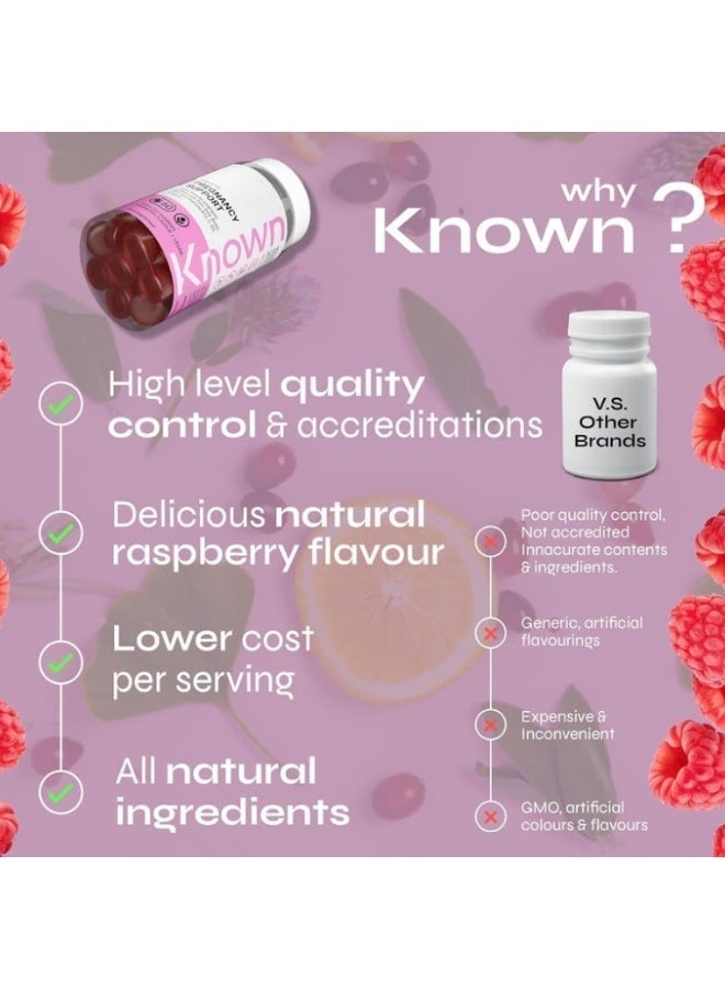 Known Pregnancy Support Gummies – 400 mcg Folic Acid, Raspberry Flavour, Vegan Prenatal Multivitamin with D3, K, C, E, B12, Biotin & Zinc – 1 Month Supply - Image 4
