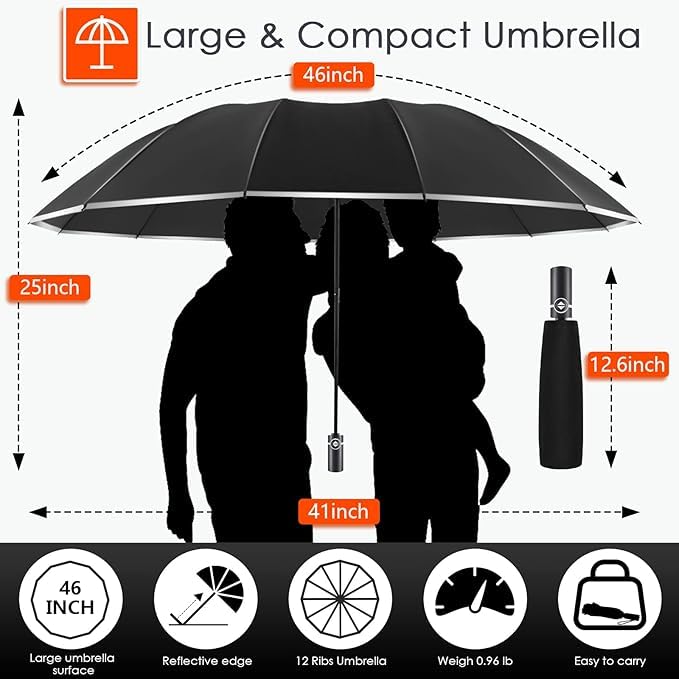 Bodyguard Inverted Umbrella Large Windproof Umbrellas for Rain Sun Travel Umbrella Compact with Reflective Stripe, Black-46 INCH (pack of 3) - Image 3
