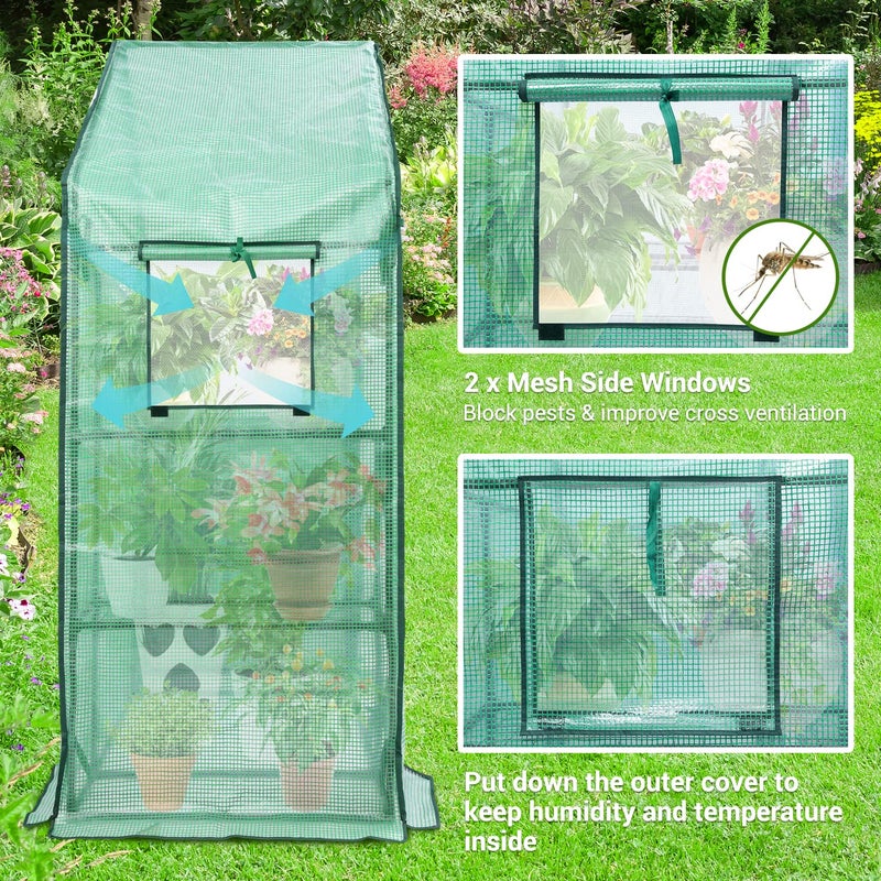Ohuhu Greenhouse for Outdoors with Mesh Side Windows, 3 Tiers 4 Shelves Small Walk-In Green House Plant Stands Plastic PE Cover Outside Portable Warm House for Seedling Flowers Growing, 4.8x2.5x6.4 FT - Image 2