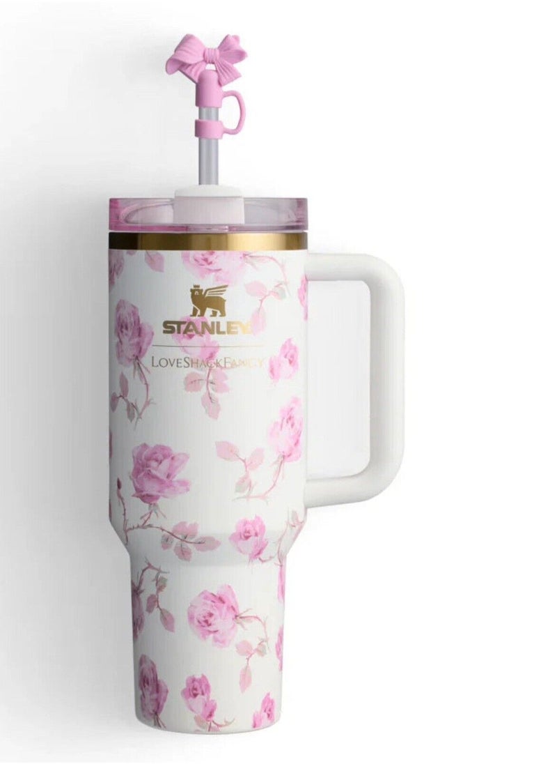 Stanley - Love Shack Fancy H2.0 Flow State 40oz Pink Rose Tumbler, Stainless Steel Vacuum Insulated Quencher with Lid, Straw, and Stopper, Ideal for Water and Iced Tea, Keeps Drinks Cold, Presented in Elegant Gift-Ready Packaging - Image 1