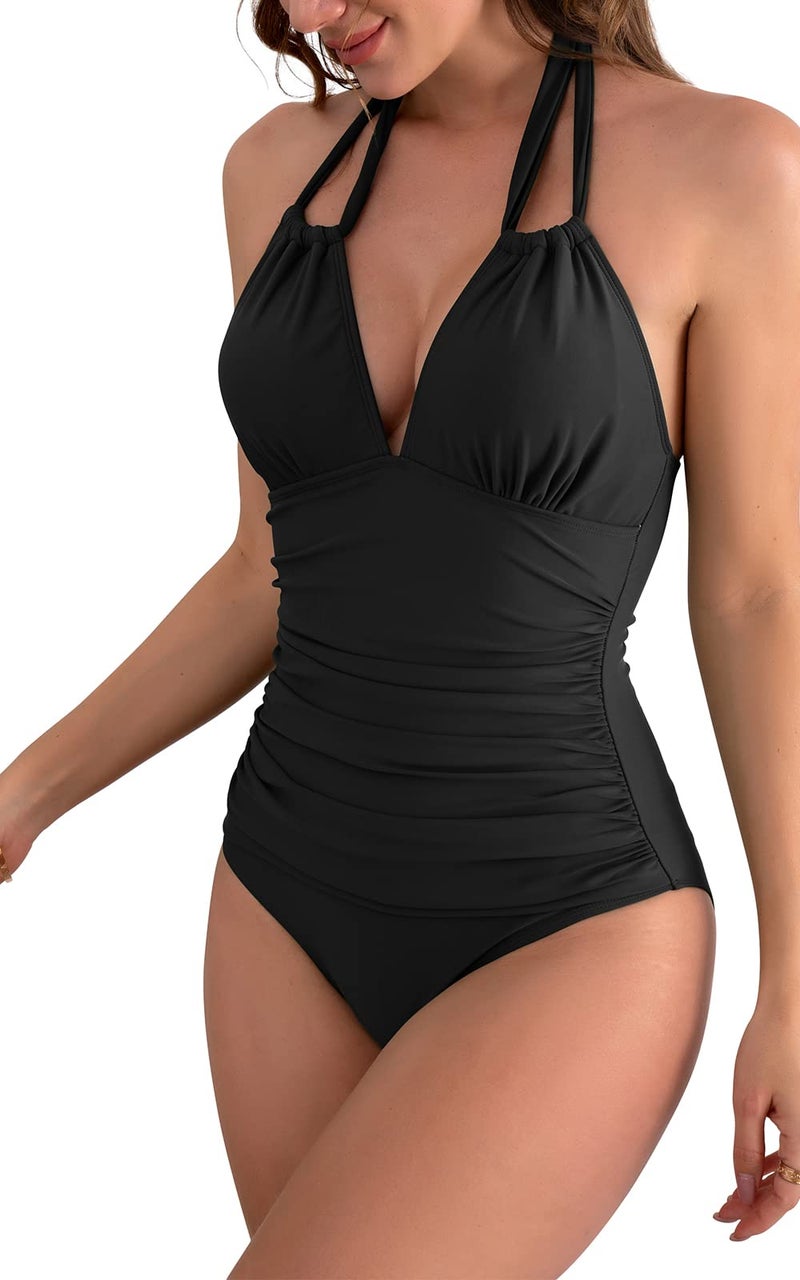 B2prity Women's Slimming One Piece Swimsuits Tummy Control Bathing Suit Halter Swimwear for Big Busted Curvy Woman A-Black - Image 2