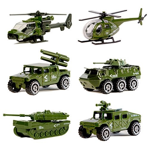 Nunkitoy Diecast Military Vehicles6 Pack Assorted Alloy Metal Army Vehicle Models Car ToysMini Army Toy TankJeepPanzerAntiAir VehicleHelicopter Playset for Kids Toddlers Boys - Image 1