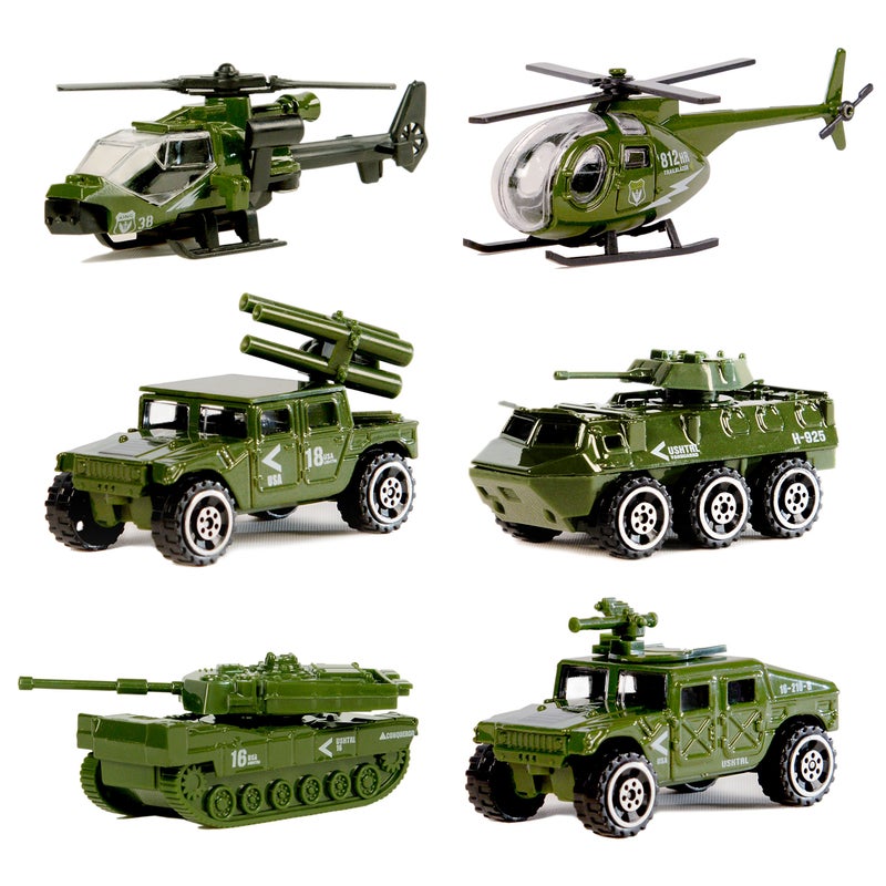 Nunkitoy Diecast Military Vehicles6 Pack Assorted Alloy Metal Army Vehicle Models Car ToysMini Army Toy TankJeepPanzerAntiAir VehicleHelicopter Playset for Kids Toddlers Boys - Image 2