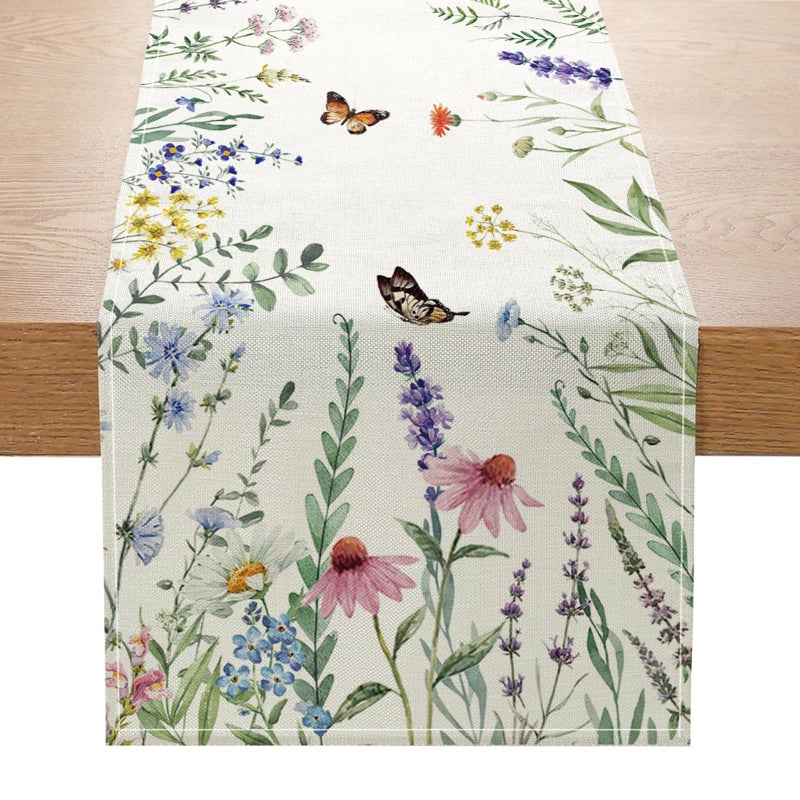 ONFAON Spring Decorations for Home,Daisy Eucalyptus Lavender Floral Leaves Summer Table Runner,Seasonal Spring Kitchen Dining Table Decoration for Home Party Decor 13x72 Inch - Image 1
