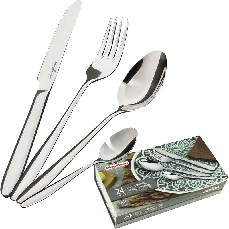 Magefesa MAGEFESA Granada 24Piece Silverware Set  Premium 1810 Stainless Steel Flatware for 6 Elegant  Durable GiftReady Blue Box Included - Image 1