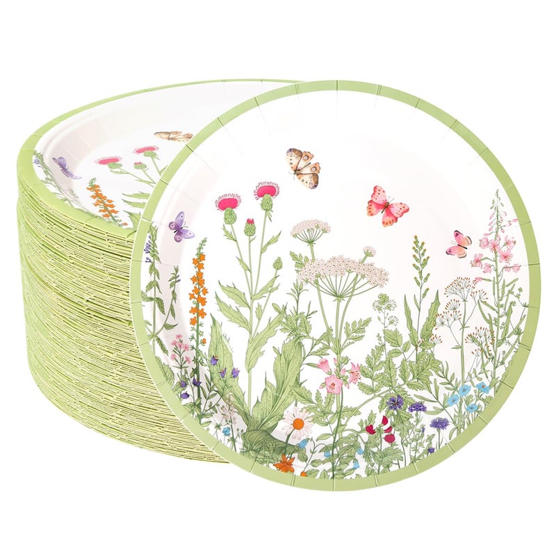 BHHQHH 100pcs Floral Paper Plates 9 inch Wildflower Party Plates Disposable Spring Summer Dinner Paper Plate for Birthday Wedding Baby Shower Tea Party Bridal Shower - Image 1