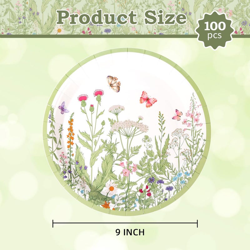 BHHQHH 100pcs Floral Paper Plates 9 inch Wildflower Party Plates Disposable Spring Summer Dinner Paper Plate for Birthday Wedding Baby Shower Tea Party Bridal Shower - Image 2