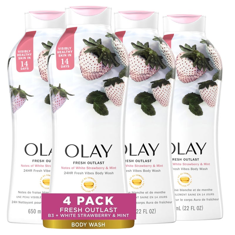 Olay Body Wash for Women, Fresh Radiance, Refreshing & Renewing, Made with Plant Based Cleansers, B3 Botanical Complex, For All Skin Types, Strawberry & Mint Scent, 22 fl oz (Pack of 4) - Image 1