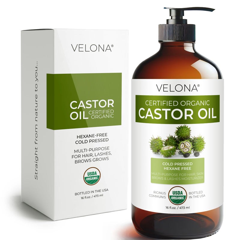 velona USDA Certified Organic Castor Oil â€“ 16 fl oz in Glass Bottle | Cold-Pressed, Hexane-Free, USP Grade | Promotes Hair Growth, Eyelash & Eyebrow Enhancement | Bottled in USA - Image 1