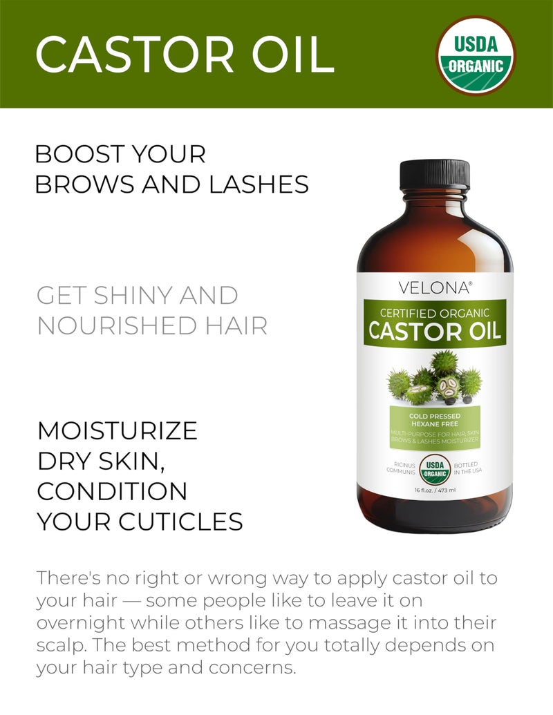 velona USDA Certified Organic Castor Oil â€“ 16 fl oz in Glass Bottle | Cold-Pressed, Hexane-Free, USP Grade | Promotes Hair Growth, Eyelash & Eyebrow Enhancement | Bottled in USA - Image 2