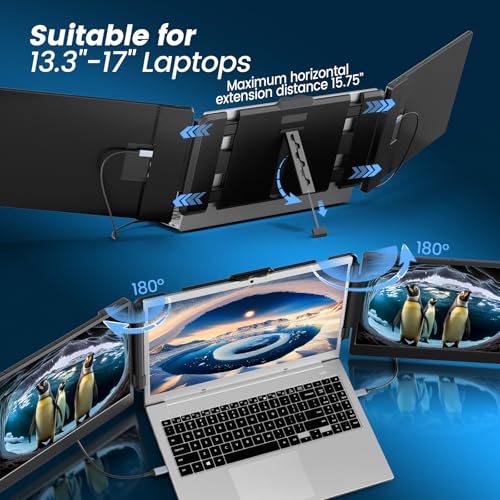 domyfan دوميفان 14" موسع شاشة اللابتوب، شاشة محمولة ثلاثية FHD 1080P IPS، HDMI/USB-A/Type-C لويندوز، ماك، أندرويد، كروم، سويتش و PS5، تعمل مع لابتوبات 13.3"-17" - Image 3