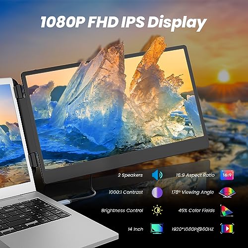 domyfan دوميفان 14" موسع شاشة اللابتوب، شاشة محمولة ثلاثية FHD 1080P IPS، HDMI/USB-A/Type-C لويندوز، ماك، أندرويد، كروم، سويتش و PS5، تعمل مع لابتوبات 13.3"-17" - Image 2
